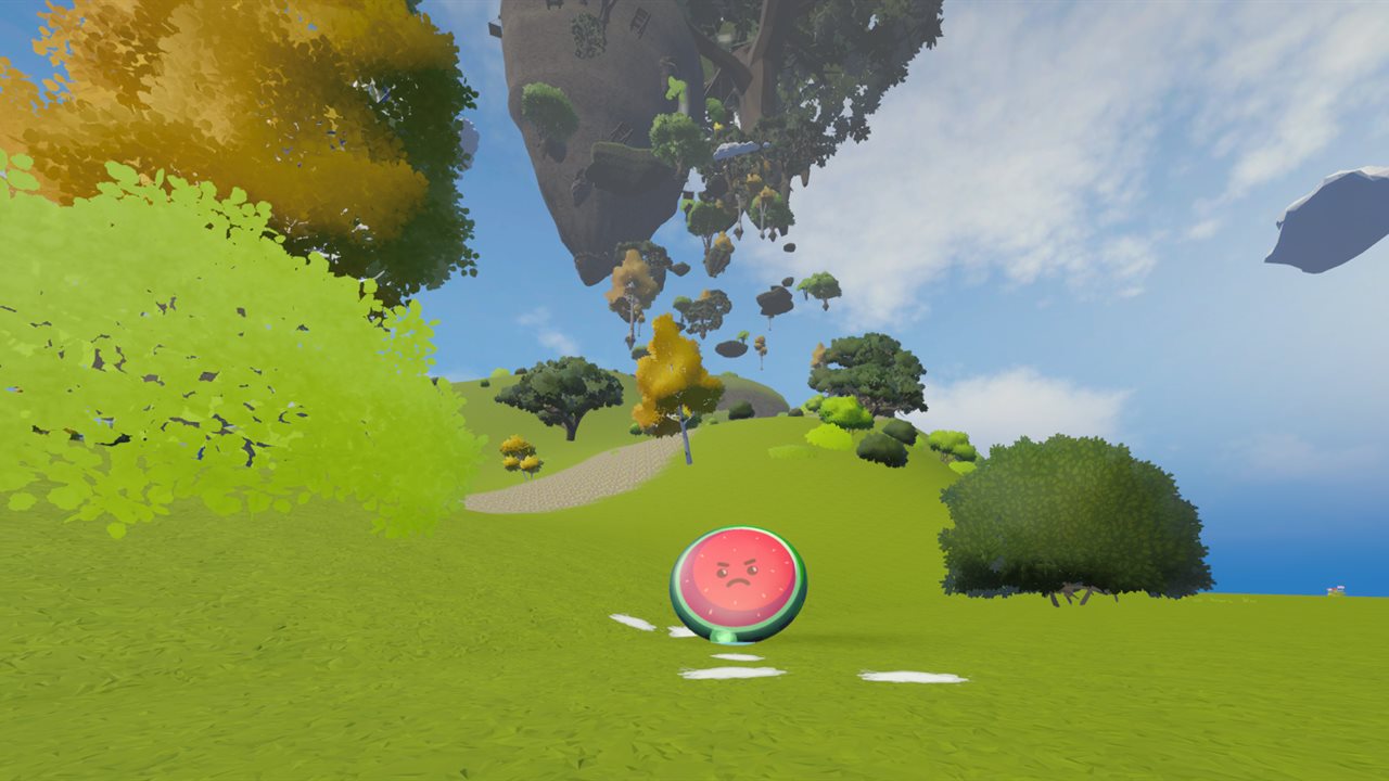 The Disc-yphus watermelon disc resting on a sunny meadow beneath a floating island.